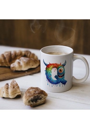 Q Harfi Bardak, Sevimli Canavarlar Harflı Bardak Hediyesi Porselen Beyaz