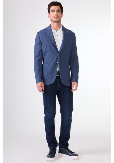 Dufy Mavi Erkek Slim Fit Desenli Mono Yaka Ceket - 95376 Mavi