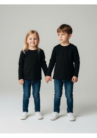 Zekids Bebek Pamuklu Bisiklet Yaka Basic İnce Uzun Kollu T-shirt-16779 Siyah