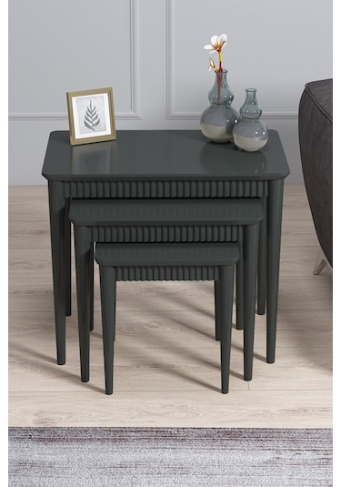 Elegance Antrasit Mdf Lake Boyalı Tabla Gürgen Ayak 3 Lü Zigon Sehpa Takımı Çay Sehpası Servis Sehpa Antrasit