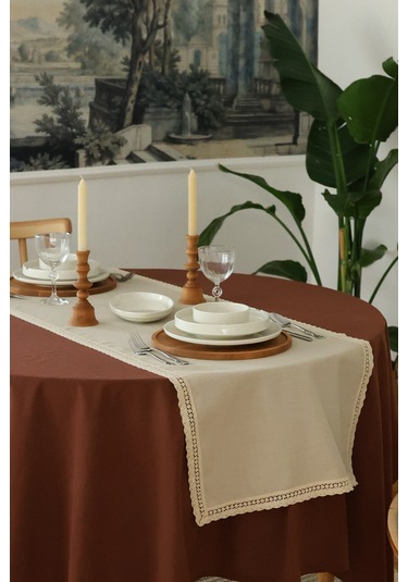 Yakacihome Elora Duck Keten Yıkanabilir Leke Tutmaz Cappuccino Kopenaki Dantel Detaylı Runner 40x140 Cm Krem