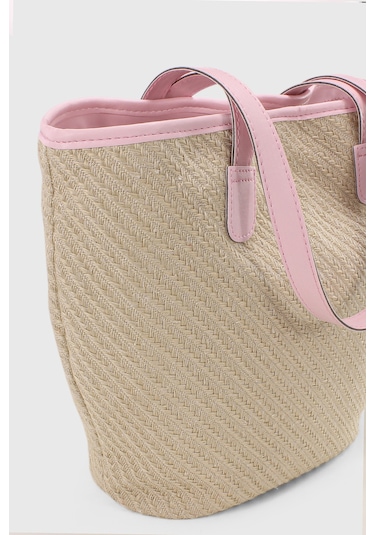 Housebags Doğal Hasır Pembe Deri Askılı Plaj Çantası Hasır Pembe