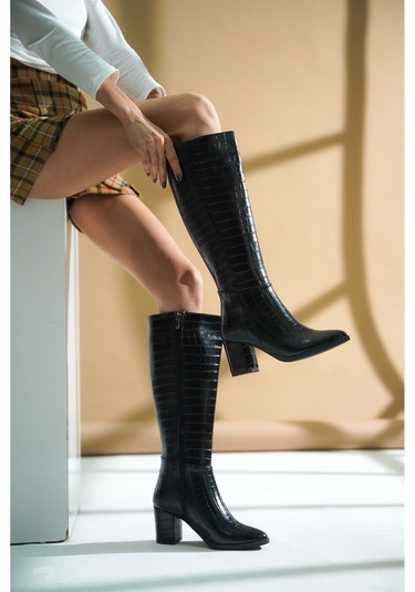 Kleo Siyah Krokodil Deri Topuklu 7cm Yanı Fermuarlı Günlük Kullanım Çizme Siyah Kroko