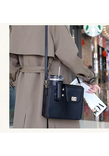 Prestigegoods Kadın Pu Deri Omuz Çantası - İçecek Şişesi & Su Bardağı - Stanley, Gatorade Uyumlusu - Siyah Siyah