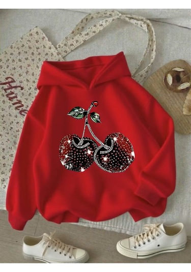 Kışlık Kapüşonlu Sweatshirt, Çocuk We Kiraz Baskılı Kırmızı