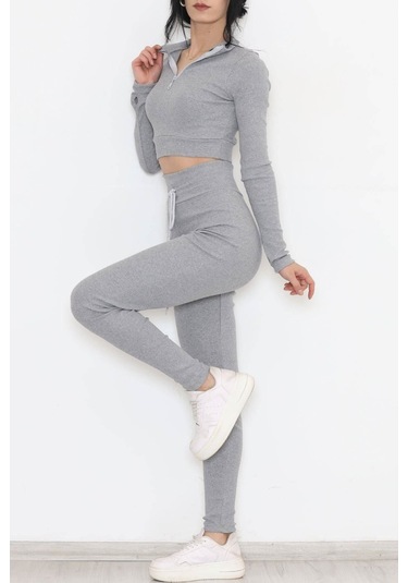 Mokashopin - Fermuarlı Crop Takım Gri - 12130.1748. 001