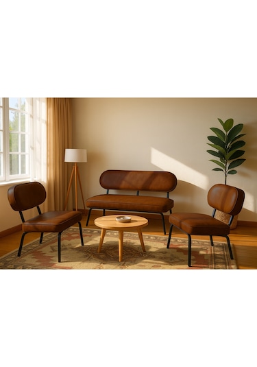 Luna Modern Deri Koltuk Takımı Bekleme Koltuğu Ofis Koltuk Takımı Acı Kahve Acı Kahve