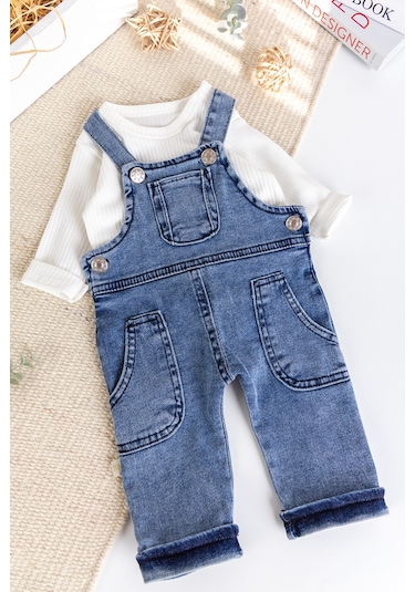 Çep Detaylı Erkek Bebek Salopet Tulum Set mavi