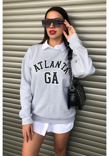 Modagen Gri Kadın Atlanta Baskılı Bisiklet Yaka Oversize Sweatshirt Gri