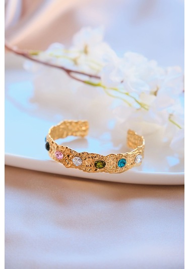 Gold Vintage Renkli Zirkon Taşlı Çelik Kelepçe Bileklik Gold