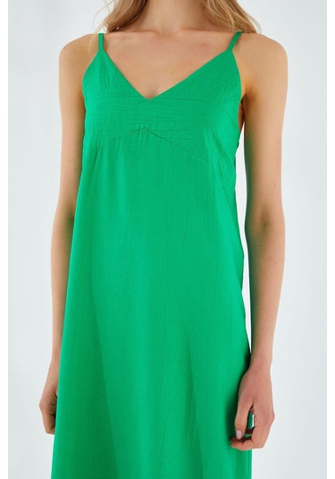 4252 Kadın İp Askılı V Yaka Elbise Yeşil Yeşil