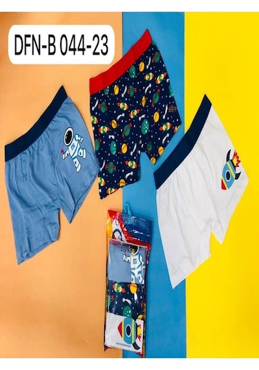 %95 Pamuk 3'lü Astronot Desenli Erkek Çocuk Boxer-627 Çok Renkli
