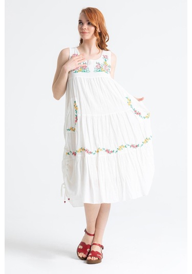 Kolsuz Vual Ahsen Nakışlı Midi Boy Elbise Krem Krm-krem