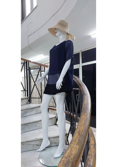 İtalyan Yarasa Kollu Payetli İpek Bluz-9248 Lacivert