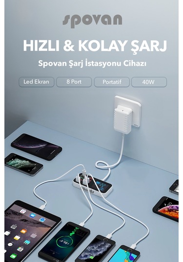 Spovan Impro Led Ekranlı 8 Port Usb Type C Şarj Cihazı