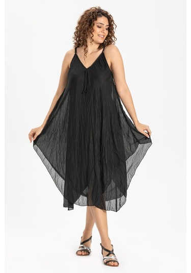 Askılı Vual Afrodit Midi Boy Elbise Siyah 6051 - Kadın Siyah