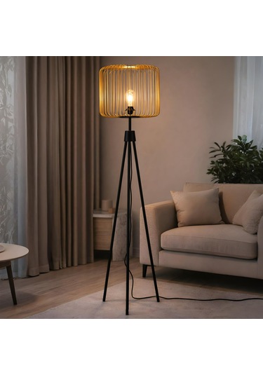 3 Ayaklı Gold Metal Başlıklı Siyah Dekoratif Lambader Gold
