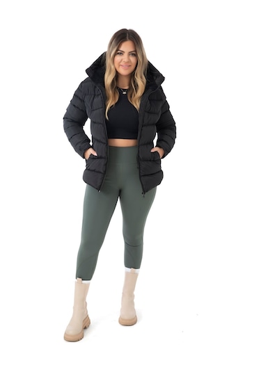 Kadın Siyah Kapüşonlu Içi Polarlı Kürklü Su Geçirmez Rüzgara Dayanıklı Şişme Mont Kaban Parka Siyah