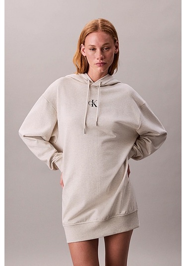 Kadın Rahat Kalıp Kapüşonlu Sweatshirt Elbise - Bej Melanj Vanilla Heather