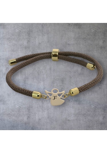 Archin F Harfine Özel Mevlana Figürlü Kahverengi Örgülü 14 Ayar Altın Plakalı Hediye Bileklik-335harf Altın