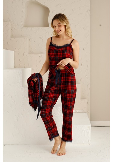 Sabahlıklı Dantel Detaylı Pegasus Kadın Pijama Takımı-çeyizlik Takım- Geniş Beden Aralığı Kırmızı