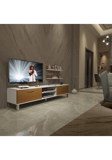 Decoraktiv Eko 4 Mdf Dvd Krom Ayaklı Tv Ünitesi Tv Sehpası Beyaz - Ceviz