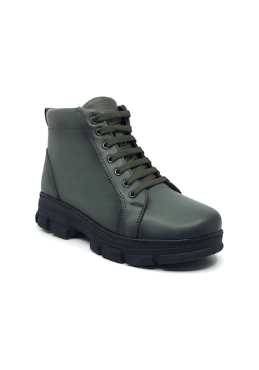 Taşpınar %100 Hakiki Deri Kadın Kışlık Günlük Fermuarlı Sneaker Bot 36-41 Haki