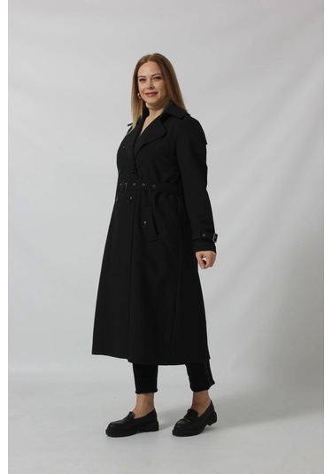 Dizaltı Düğmeli Kuşaklı Trençkot Siyah Siyah