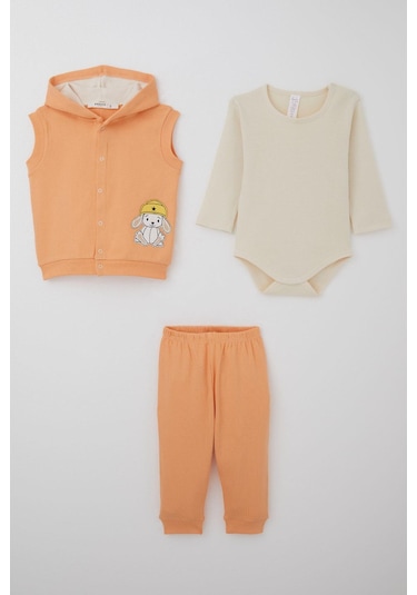 Breeze Kız Bebek Zıbınlı 3 Lü Takım Sevimli Şapkalı Köpekçik Nakışlı 4 Ay-1 Yaş, Somon Somon