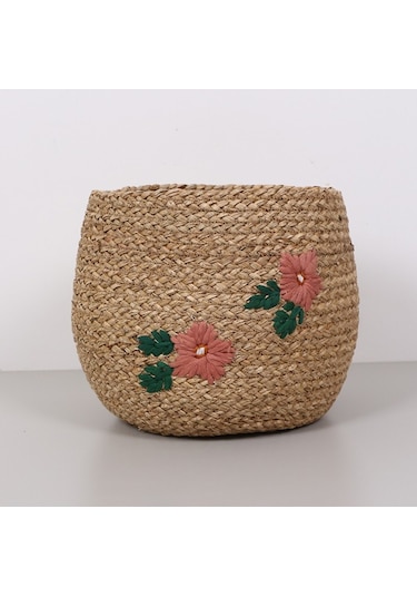 Karanfil Çiçek Desenli 33x25 Cm Deniz Sazı Sepet Bej
