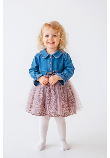 Babymod Denim Leopar Desenli Şık Özel Gün Kız Bebek Elbise Pembe