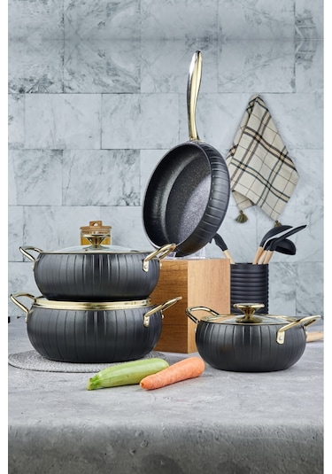 Cooker 7 Parça Granit Tencere Tava Seti Siyah