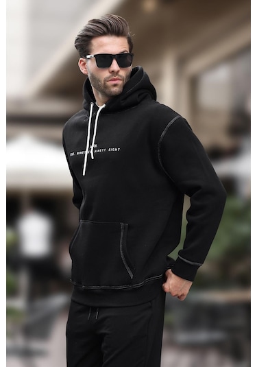 Madmext Siyah Kapüşonlu Nakış Detaylı Cepli Erkek Sweatshirt 7066-siyah Siyah