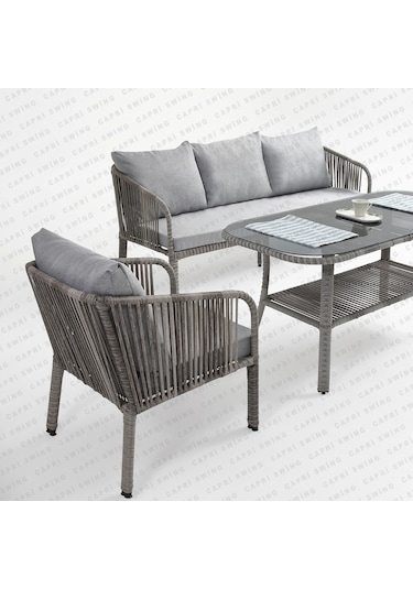 Capri Swing Artemis Üçlü Rattan Balkon Bahçe Takımı Gri