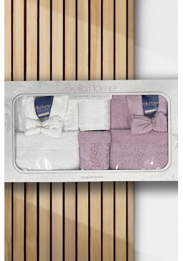 Platin Jakarlı 10 Parça Aile Bornoz Takımı Krem Mürdüm Çok Renkli