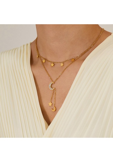 Sones Opk Gx2437 Paslanmaz Çelik Yıldız Ay Püskül Kolye Çift Katmanlı Yığılmış Köprücük Kemiği Zinciri Altın