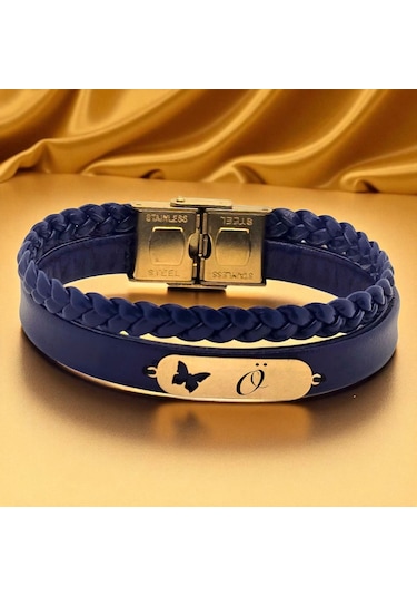 Archin Ö Harfine Özel Lacivert Derili Kelebek Motifli 14 Ayar Altın Plakalı Hediye Bileklik-616harf Ö