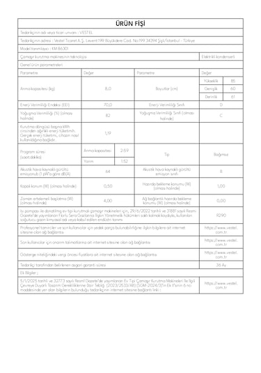 Vestel KM 86301 8 KG Isı Pompalı Çamaşır Kurutma Makinesi