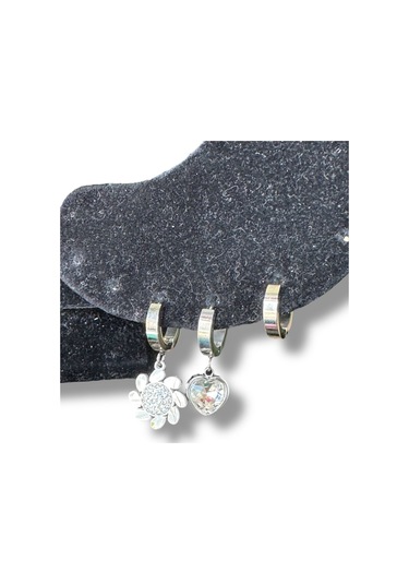 Çiçekli Ve Kalpli Sallantılı Çelik Küpe Gri