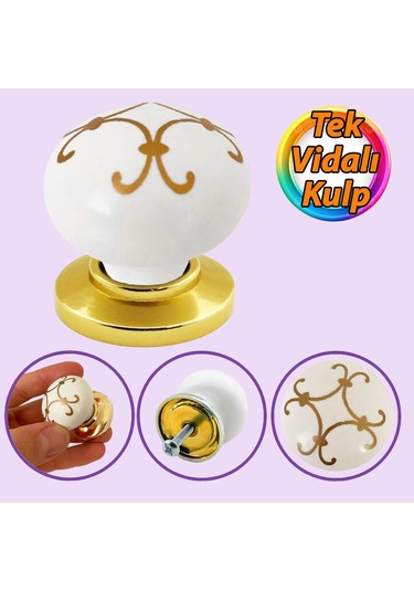 Defne Altın Çizgili Beyaz Polimer Düğme Kulp Altın Tablalı Mobilya Mutfak Dolabı Çekmece Kulbu Kulpları