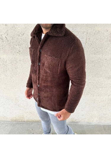 Erkek Pelüş Polar Hırka Gömlek Yakalı, İlik Düğmeli, Göğüs Cepli, Yumuşak Dokulu Kışlık Regular Fi Kahverengi