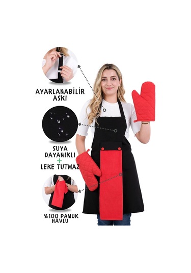 Star Ayar Askılı Havlulu 4lü Mutfak Önlüğü Seti 2 Eldiven Siyah-kırmızı-kırmızı