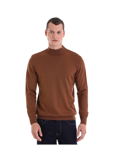 Hatemoğlu Kahverengi Regular Fit Düz Yarım Balıkçı Yaka Yünlü Triko Kazak Kahverengi