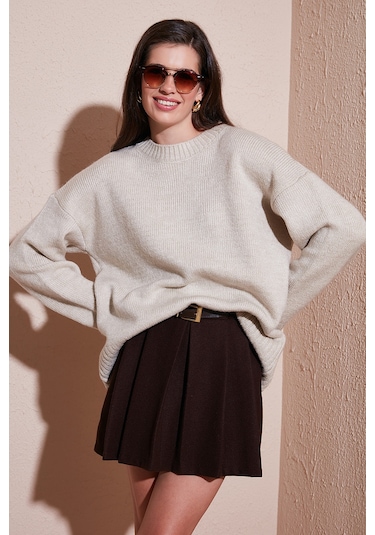 Lela Regular Fit Bisiklet Yaka Basic Triko Bayan Kazak 4616213 Taş