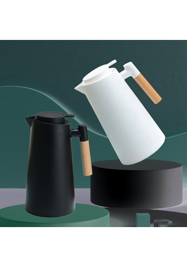 Hfambition 1 Litrelik Ahşap Saplı Çift Katmanlı Vakumlu Sıcak Soğuk Termos Kahve Sürahisi Yeşil