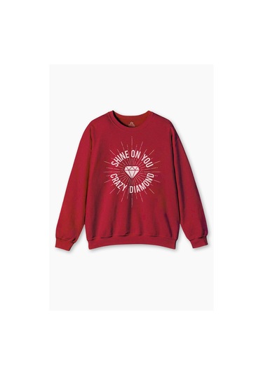 Bisiklet Yaka Sweatshirt Shine On You Crazy Diamond Pink Floyd Baskılı Sweat Kırmızı