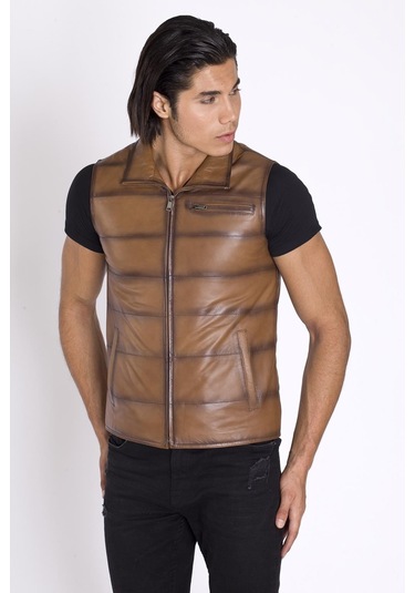 Taba Renk Hakiki Deri Yelek-Taba