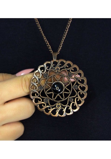 Doğal Taş Oniks Doğal Taşlı Yuvarlak Model Antik Kadın Kolye Euk47o Siyah