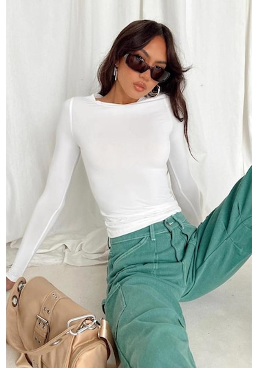 Madmext Beyaz Bisiklet Yaka Basic Uzun Kollu Body Mg1701-beyaz Beyaz