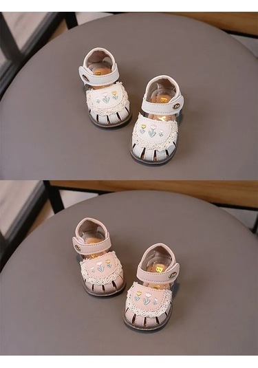 Maoyaya Pu Deri Yumuşak Taban Lale İşlemeli Bebek Yürüme Sandaleti - Bej Renk, 16-20 Beden Bej Bej